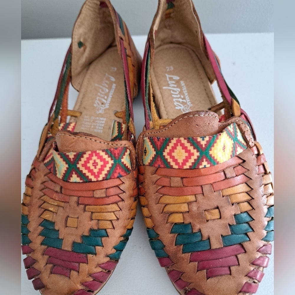 Artesanias Lupita Leather Wedge slip on Shoes sandals AZTEC Southwestern Artsy 6 - Picture 7 of 11
